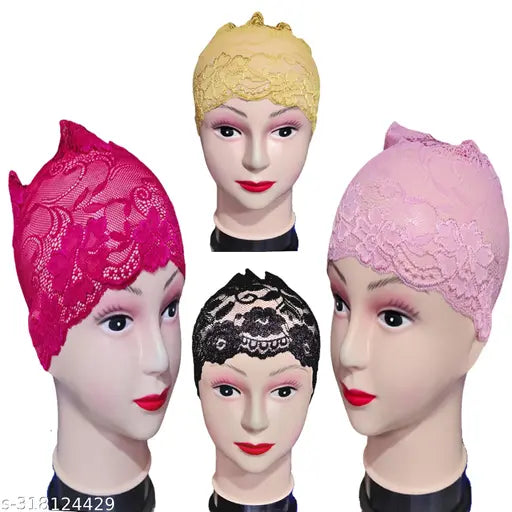 Four lycra hijabs, net capbands in black, pink, and yellow