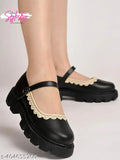 Synthetic black Mary Jane bellies for women & girls with side buckle and white lace detailing - Indian origin