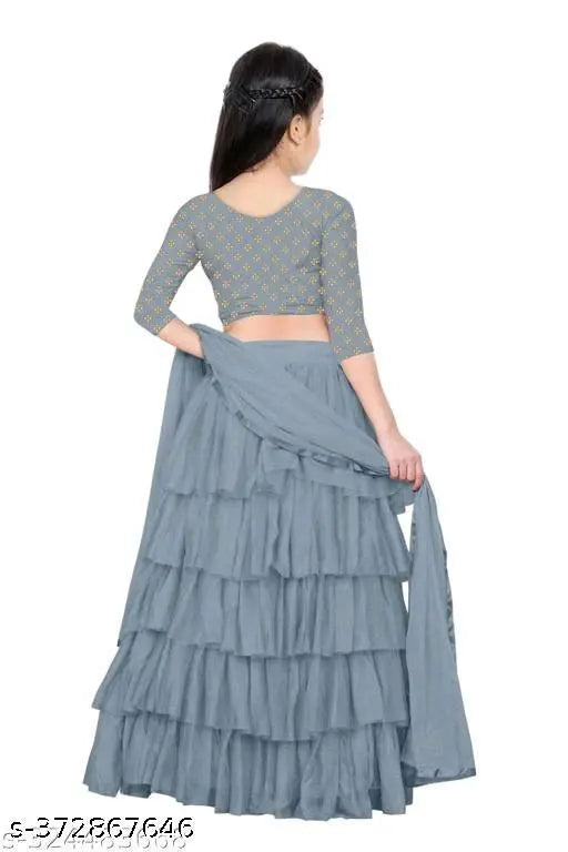 Adorable satin & tissue dupatta princess lehenga choli set for little fashionistas, embellished lehenga with ruffled pattern and short sleeves, semi-stitched net, multiple sizes available
