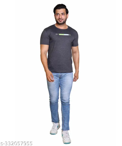Grey cotton blend MEXMY mens typography round T-shirt, high quality regular fit with printed pattern for trendy outfits