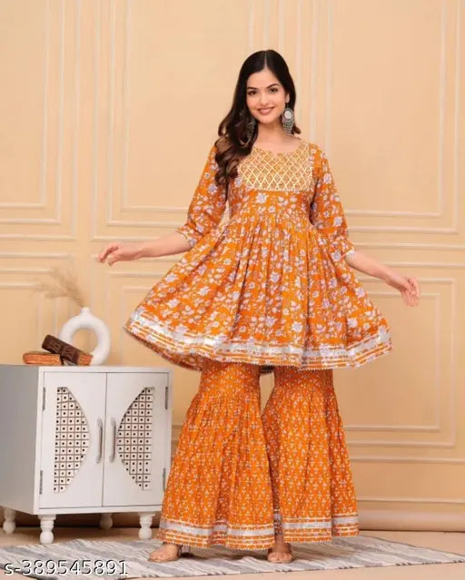 Orange rayon embroidered anarkali kurti with sharara set, women's traditional ethnic Indian fashion