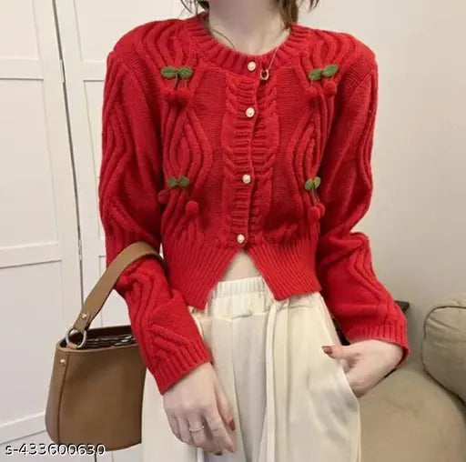 Imported wool winter cherry cropped cardigan, self-design knitted pattern, long sleeves