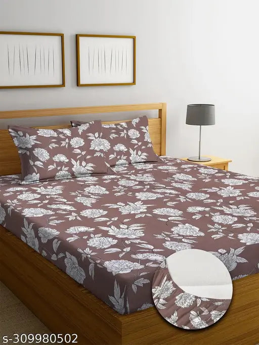 Brown cotton elastic fitted bedsheets set with 2 pillow covers, double bed, 210 TC super soft, botanical pattern, ideal for summer, by DWORTH