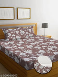 Brown cotton elastic fitted bedsheets set with 2 pillow covers, double bed, 210 TC super soft, botanical pattern, ideal for summer, by DWORTH