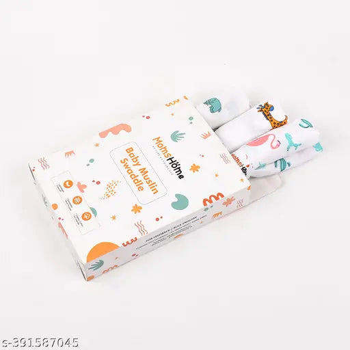 Premium organic cotton muslin swaddle set, animal net prints, 3 items, ideal for newborns - Made in India