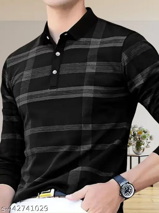 Cotton blend polo neck t-shirt for men, checked pattern, full sleeve, high-quality breathable fabric