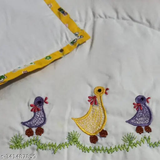 Cotton mild winter quilt, 'Little Duckling' design, single white baby sleeping quilt with embroidery, washable foam and piping (33x27 inches), from India