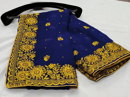 Blue satin sari with gold paisley embroidery and full diamondstone handwork