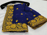 Blue satin sari with gold paisley embroidery and full diamondstone handwork