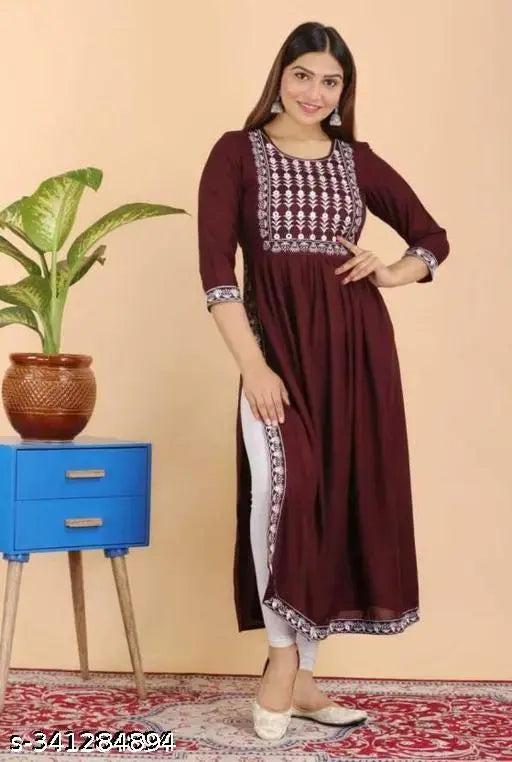 Embroidered cotton rayon flared kurta, three-quarter sleeves, Indian women's fashion, single size options: S (36in bust, 47in length), L (40in bust, 47in length), XXL (44in bust, 47in length)