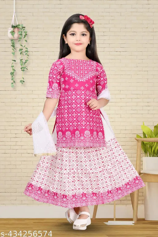 Pink rayon fancy dress set (Pack of 1) - Adorable girl's party wear, three-quarter sleeve, printed design, rayon fabric, net dupatta, suitable for ages 2-10 years