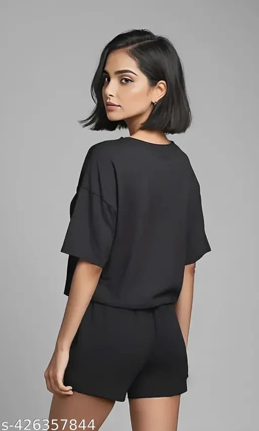 Fashionable cotton blend nightsuit with shorts, V-neck design, printed net pattern - Indian women's casual wear