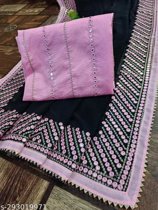 Pink and black work lace saree with intricate design