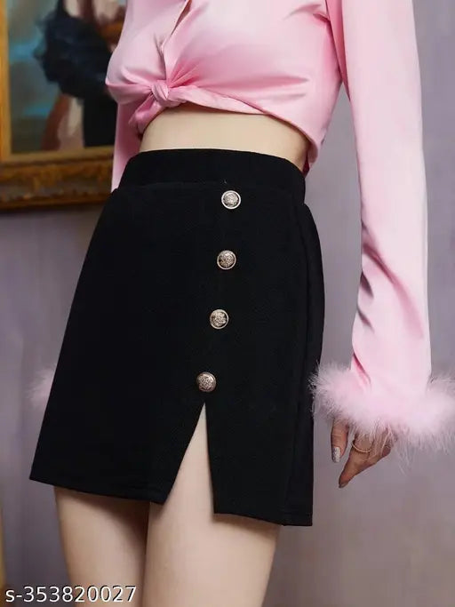 Black midi skirt with elastic waist, knee length, and fur trim