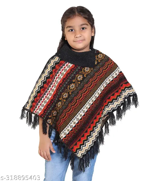Soft woolen printed poncho for girls (India), sleeveless and warm