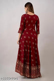 Maroon rayon Anarkali kurta with gold print, ideal for office or party wear, designed for women's casual and formal events in India