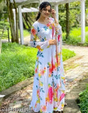 Georgette printed net three-quarter sleeve women's gown, available in S, M, L, XL, XXL. Indian handmade fashion dress on mannequin
