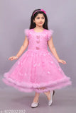 Pink net knee length frock for girls, sleeveless, embellished design, A-line silhouette, Indian origin