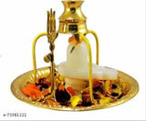 Brass Shivling stand with brass Trishul, brass Loti, and white marble Shivling - 12CM (BRASS, GOLD). Traditional Indian household religious item for daily puja and marital blessings