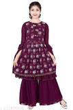 Georgette girls kurta set with sharara, printed net design, three-quarter sleeves, size 7-8 years