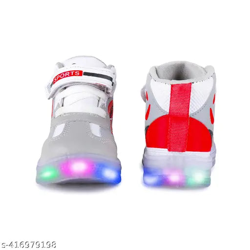 Grey and red kids shoes with neon light up details, new style, latest fashion trend, sporty design