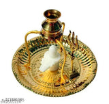 Pure white marble Shivlinga with Thali set & brass Kalash stand & Trishul - Indian puja ghar office decor item for spiritual worship
