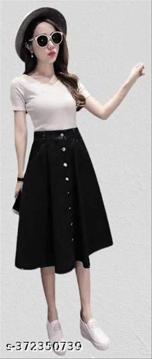 Woman in black buttoned A-line denim skirt