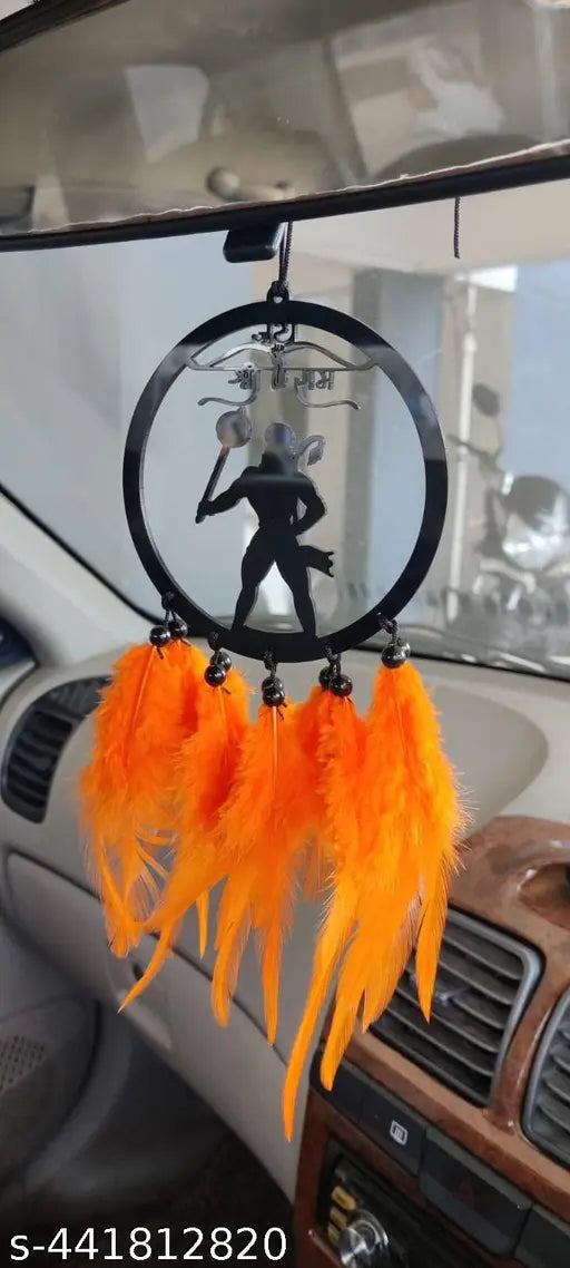 Orange wooden Art Deco Shree Ram handmade dream catcher, Indian automobile showpiece