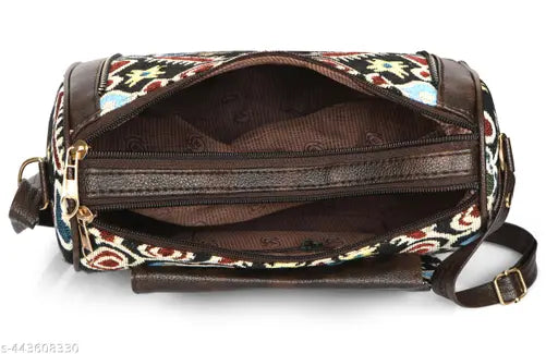 Ethnic patterned sling bag with crossbody strap, designed for women, showcasing its spacious interior