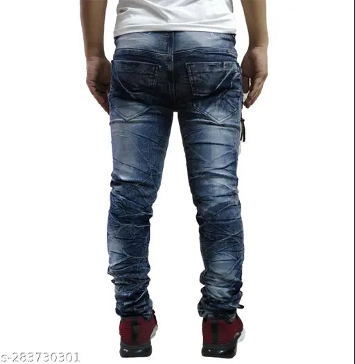 Men's cotton blend funky jeans, solid net fabric for everyday life. Comfortable fit with pockets perfect for casual wear. Available in sizes 28, 30, and 32 (waist 28in/41in, waist 30in/41in, waist 32in/41in) made in India