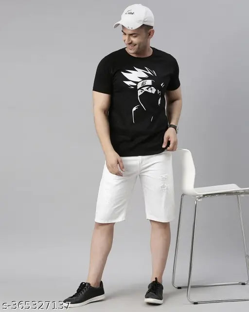 Anime printed polyester t-shirt, striped pattern, short sleeves, durable finish, cotton feel, India origin