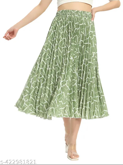 Digital printed crepe skirt, western wear pleated flared design for ladies, abstract pattern, stylish new design, midi-length, elastic waist, India origin