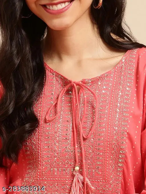 Rayon, embroidered luxury kurta for formal events, single color design with three-quarter sleeves, handcrafted Indian traditional clothing