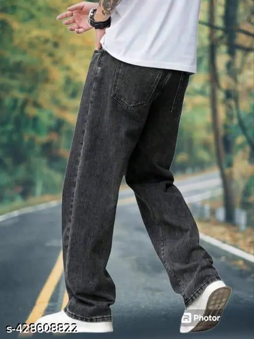 Men's denim baggy jeans, distressed wash blue