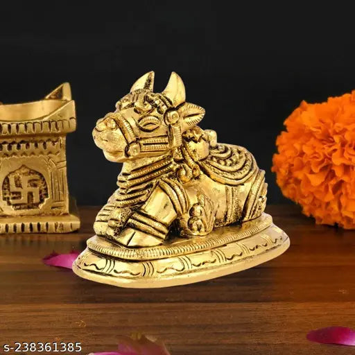 Brass Shiv Nandi statue, intricately detailed Shiva devotee seated sculpture, traditional brass finish, spiritual home decor (Height 2.5 inch, 355 gm)