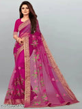 Purple net saree with embroidered blouse, Indian hand-embroidery on free size fancy sari (5.5m x 0.8m)