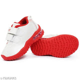 The image depicts a pair of children's casual shoes with red soles, white straps, and small, lit-up LED lights