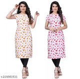 Women's American Crepe Straight Kurta Combo (2-piece), printed design, short sleeves, S-XXL sizes available. Indian-origin designer Indo Western kurtis and crepes on offer