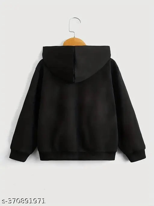 Black cotton-blend kids' winter hoodie, long sleeves with printed net design for boys and girls