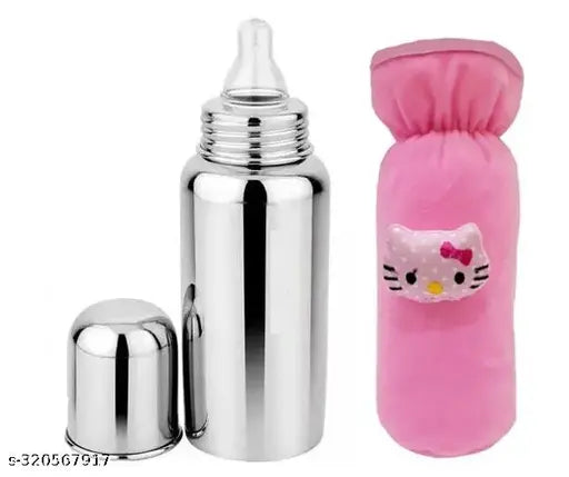 Silver stainless steel kids feeding bottle (pack of two) with no leakage, ideal for milk. BPA-free and easy to heat or cool. Comes with a silicone nipple and food nibbler for safe feeding and teething