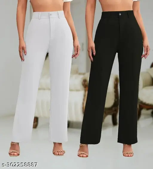 Trendy white and black cotton blend women's regular fit trousers combo pack of 2