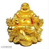 Poly resin laughing buddha statue on chair, Asian god idol with money coin, attracts wealth prosperity financial luck