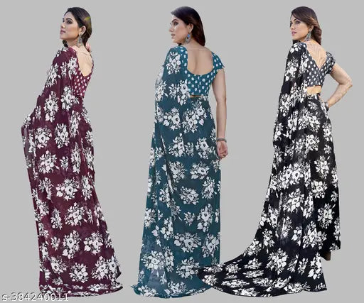 Set of 3 long printed georgette sarees for women