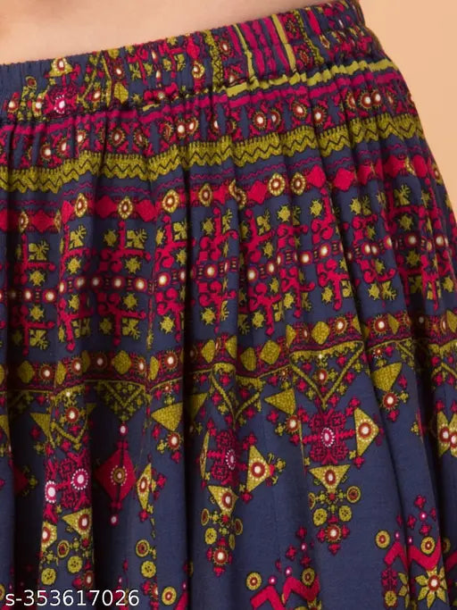 Multicolored rayon mini skirt, patterned design, knee length, women's fashion