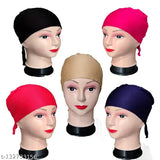 Five cotton hijab underscarves, varying in color: black, beige, blue, red, magenta