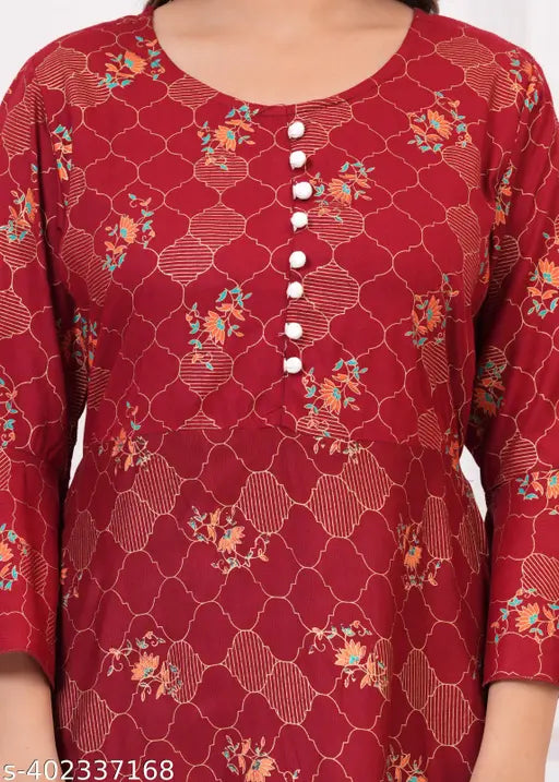 Red anarkali kurta with floral print, long sleeves, and round neckline