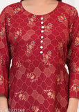 Red anarkali kurta with floral print, long sleeves, and round neckline