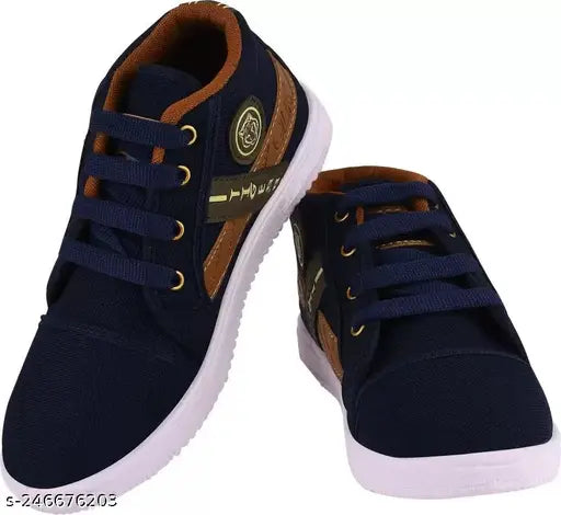 Blue and brown kids' sneakers with laces