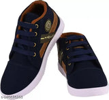 Blue and brown kids' sneakers with laces