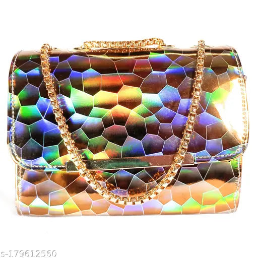 Multi-colored glittery iridescent textured fabric, gold chain accent, small clutch handbag